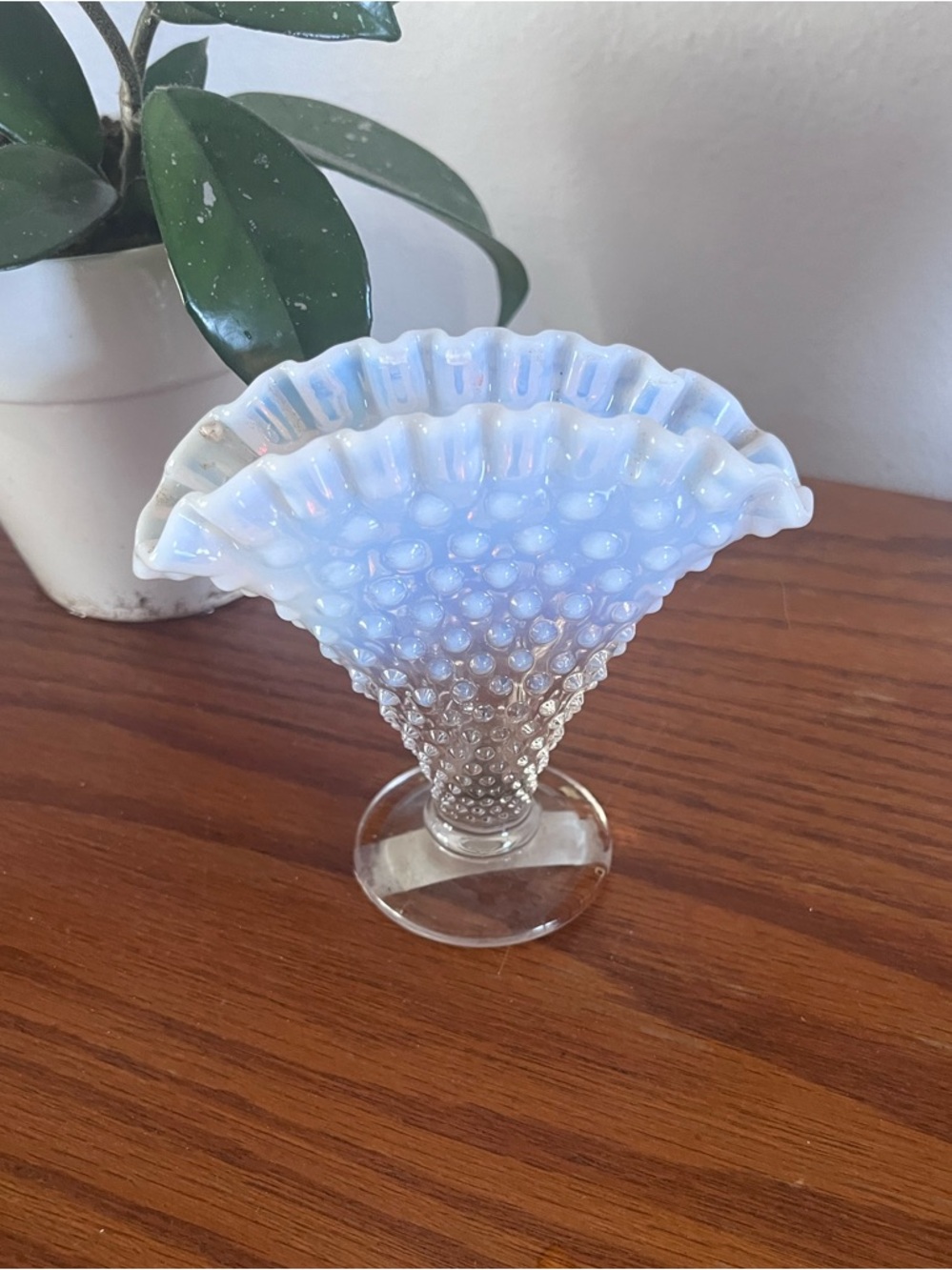 Vintage Opalescent Hobnail Glass bud Fan Vase - White/Blue